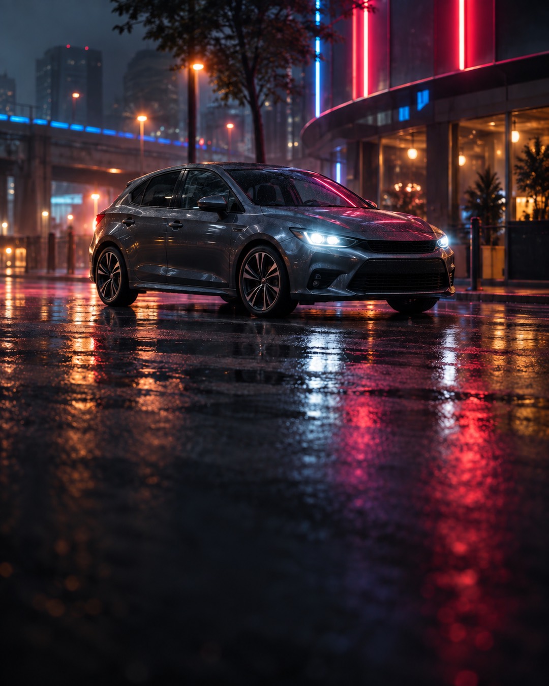 A grey hatchback parked on a wet city street at night, lit by red and blue neon.