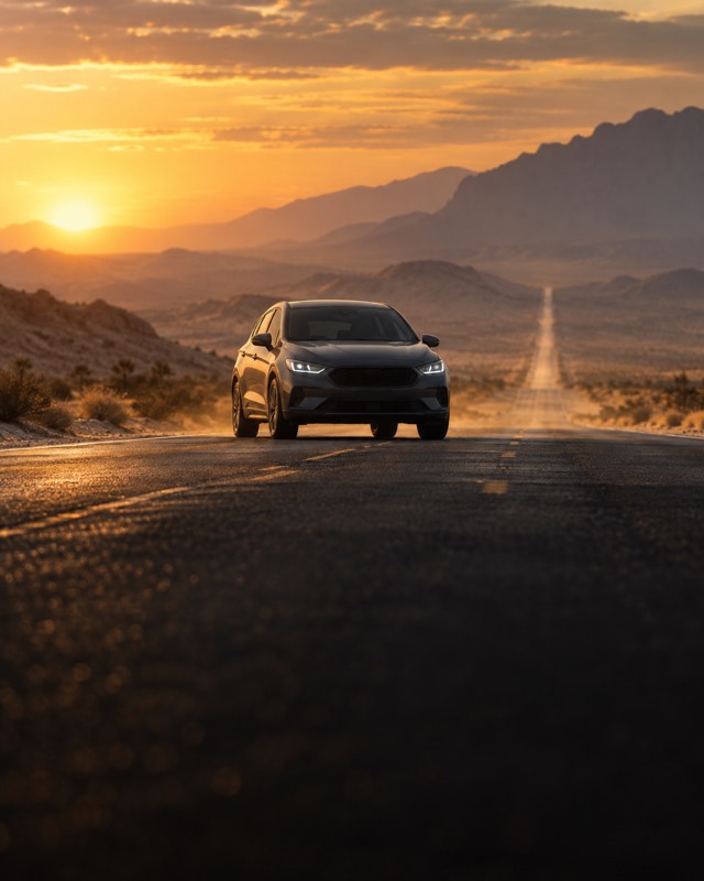 A car on an empty road through the desert.