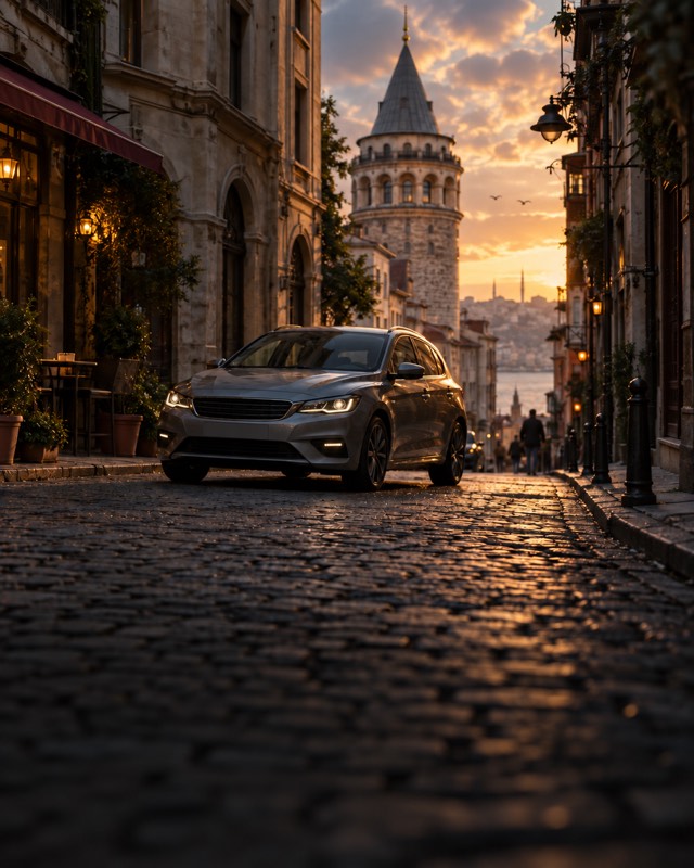 A car on a cobbled street below the Galata Tower.