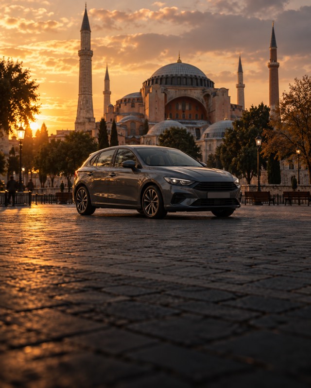 A car in front of Hagia Sophia.