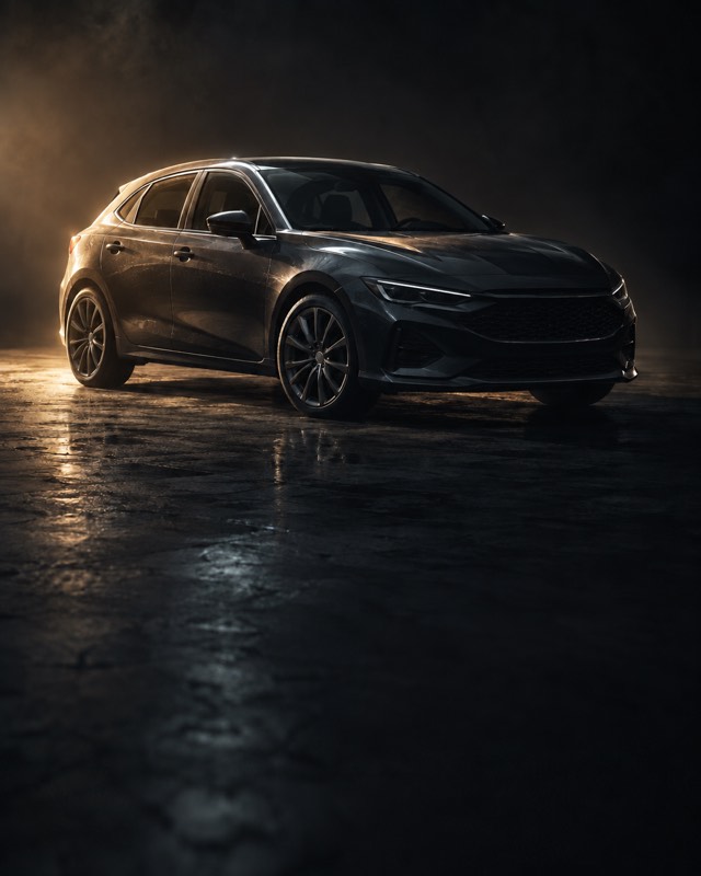 A car in a dark photo studio under soft overhead light.